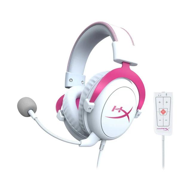 HyperX Cloud II - Gaming Headset, 7.1 Surround Sound, Memory Foam Ear Pads, Durable Aluminum Frame, Detachable Microphone, Analog, Closed, Multi-Platform, Works with PC, PS5, PS4, Xbox Series X|S, Xbox One – Wired - White/Pink