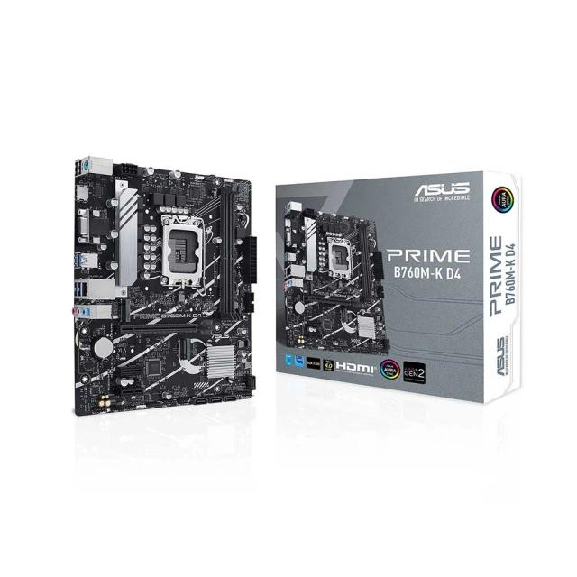Asus Prime B760M-K D4, an Intel B760 LGA 1700 mATX motherboard with PCIe 4.0, two PCIe 4.0 M.2 slots, DDR4, Realtek 2.5Gb Ethernet, VGA, HDMI®, SATA 6 Gbps, front USB 3.2 Gen 1, Aura Sync
