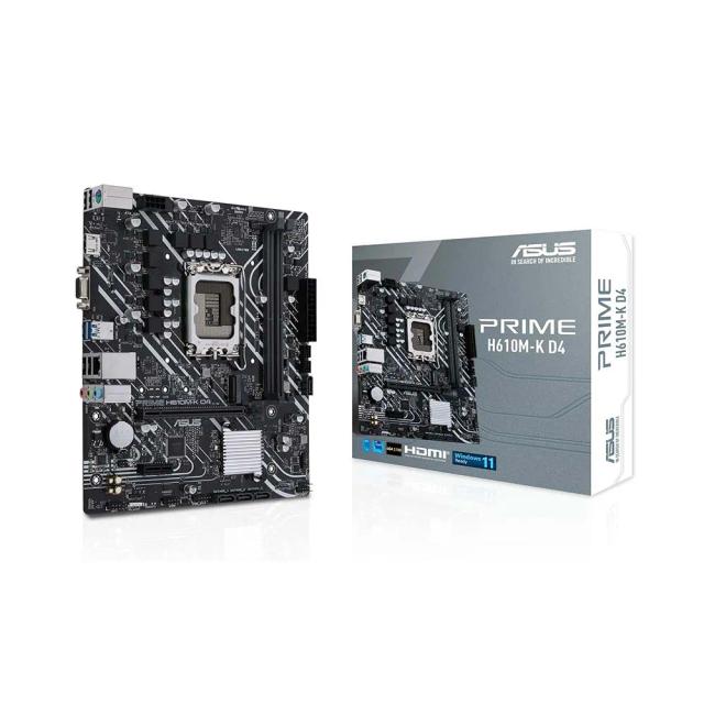 Asus Prime H610M-K D4, Intel H610 (LGA 1700) mic-ATX motherboard with DDR4, PCIe 4.0, M.2 slot, Realtek 1 Gb Ethernet, HDMI, D-Sub, USB 3.2 Gen 1 ports, SATA 6 Gbps, COM header, RGB header