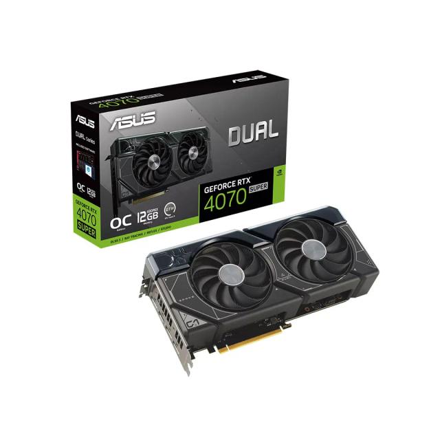 Asus Dual GeForce RTX 4070 SUPER OC Edition 12GB GDDR6X with two powerful Axial-tech fans and a 2.56-slot design for broad compatibility