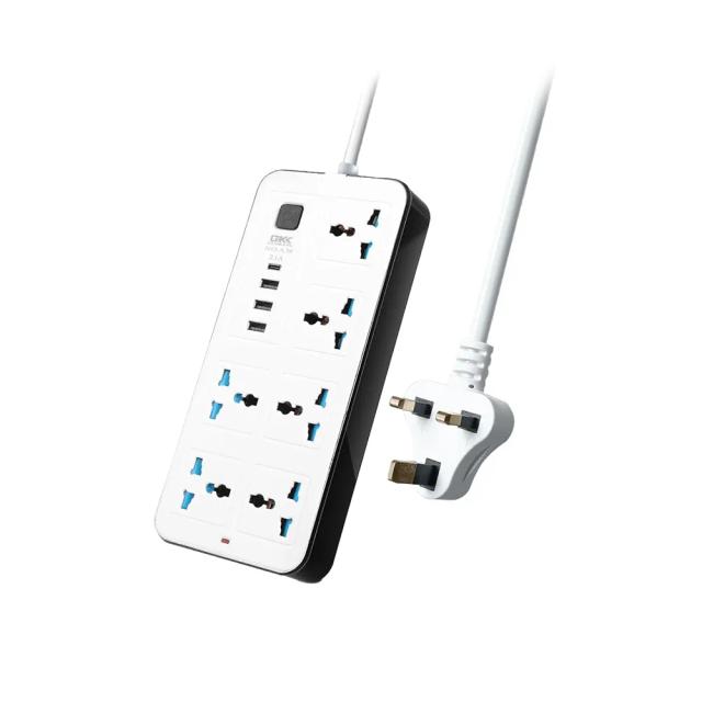 Guokang Universal Extension Lead with Multiple Function, UK Plug 3 Pin Socket Outlet with 6 Gang | 3 USB Port | 1 Type-C Port,1.8M Cable Power Strip for Home, Kitchen, and Office (White)
