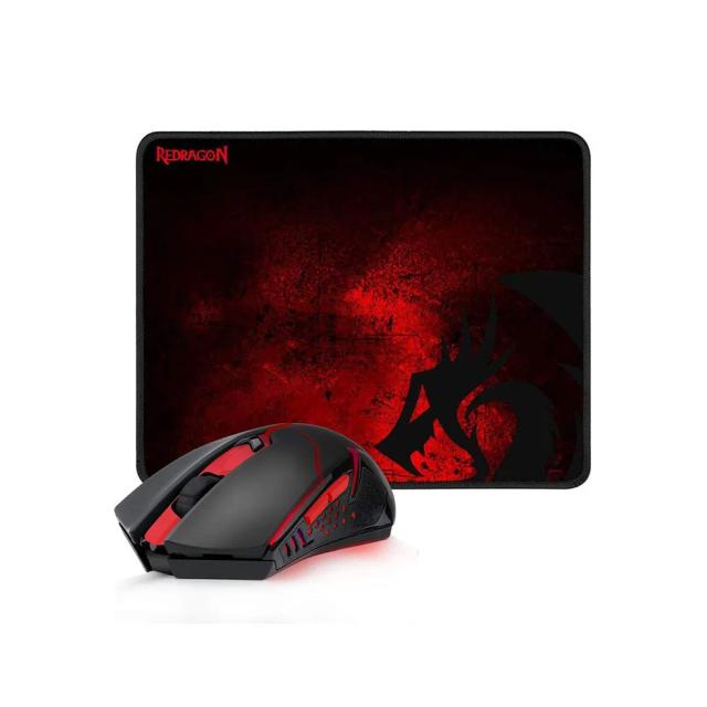 Redragon M601-WL-BA Wireless Gaming Mouse and Mouse Pad Combo, Ergonomic MMO 6 Button Mouse, 2400 DPI, Red LED Backlit & Large Mouse Pad for Windows PC Gamer (Black Wireless Mouse & Mousepad Set)