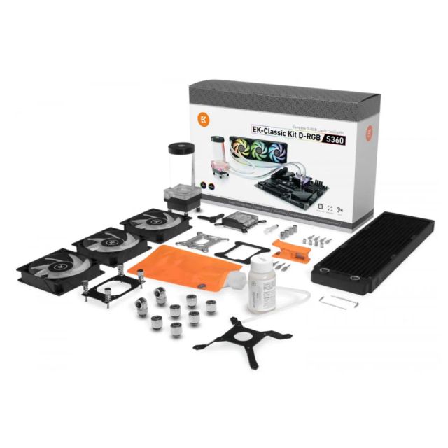 EK-Classic Kit P360 D-RGB - Complete Water-Cooling Starter Kit Compatible with Intel & AMD CPUs D-RGB Includes CPU Block, 3 x D-RGB 120mm Fans, D-RGB Reservoir, 360mm RAD. (P360mm)
