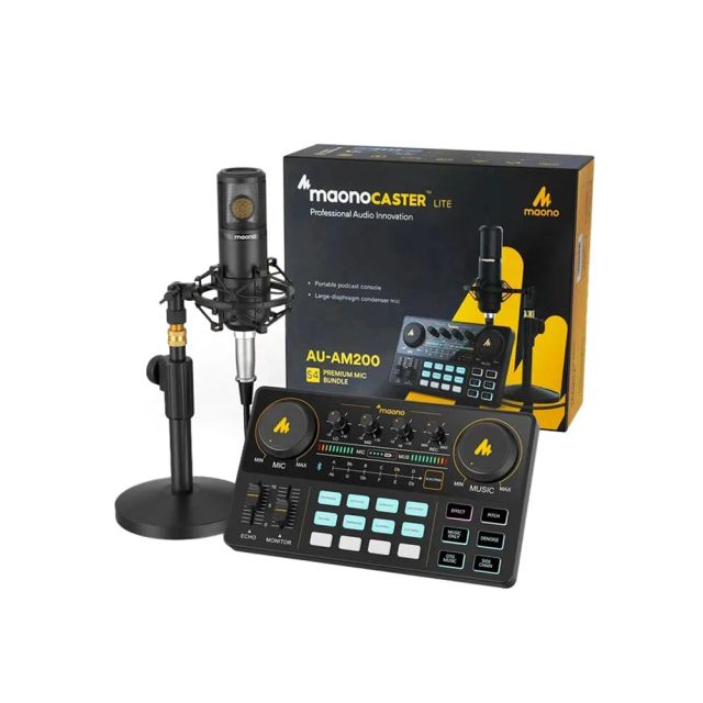 Maonocaster Lite AU-AM200-S1 Audio Interface Podcast Equipment Bundle, Portable ALL-IN-ONE DJ Mixer Sound Card with 3.5mm Microphone for Studio, Live Streaming, PC, Recording, Gaming