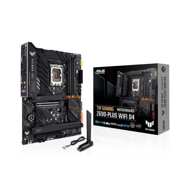 Asus TUF Gaming Z690-Plus D4 Intel (LGA 1700) ATX gaming motherboard, 15 DrMOS power stages, PCIe 5.0, DDR4 memory, four M.2 slots, WiFi 6 and Intel 2.5 Gb Ethernet, HDMI, DisplayPort, USB 3.2 Gen 2x2 Type-C, front USB 3.2 Gen 2 Type C, SATA 6 Gbps, Thunderbolt 4 header and Aura Sync RGB lighting