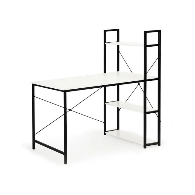 Computer Desk with Shelves, White Desk for Home Office Sturdy Table, Simple Desk with Metal Frame (120cm x 64 cm x 120cm) - White