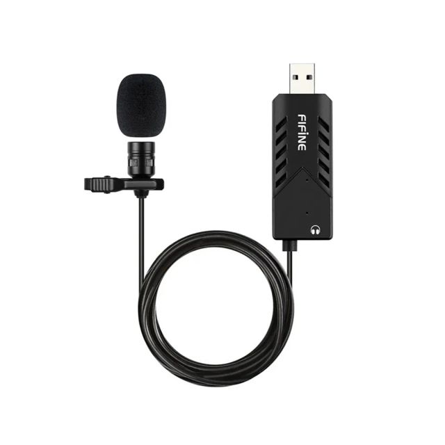 Fifine K053 USB Lavalier Lapel Microphone, Clip-on Cardioid Condenser Computer Mic Plug and Play USB Microphone with Sound Card for PC and Mac