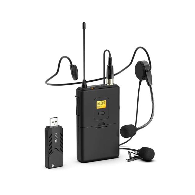 Fifine K031B Wireless Microphones for Computer, USB Wireless Microphone System for PC and Mac, Headset UHF Wireless System with USB Receiver, Transmitter, Headset and Clip Lavalier Lapel Mic