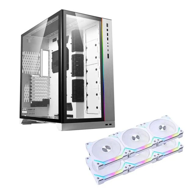 Lian Li O11 Dynamic XL Rog Certified, ATX Full Tower Gaming Computer Case (Silver) + Lian Li UNI Fan SL120 V2 RGB 2*Triple Pack (White)